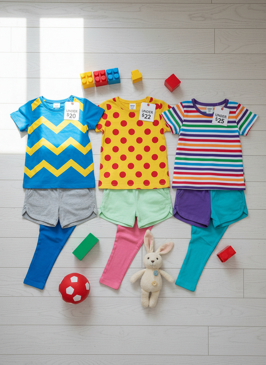 A neatly arranged flat lay of three children’s playground outfits laid out on a pale wooden floor, each outfit featuring bright cotton t‑shirts with bold, simple patterns, soft jersey shorts, and elastic-waist leggings, all clearly tagged with tiny printed price labels showing under $25. Around the outfits sit colorful plastic building blocks, a small rubber soccer ball, and a well-loved plush bunny to suggest everyday play. Soft morning daylight from an unseen window creates gentle, natural highlights on the fabrics and casts rounded, playful shadows. Shot from a perfectly overhead bird’s-eye view with sharp focus throughout, emphasizing textures and colors. The mood is cheerful, accessible, and budget-friendly, captured in vibrant photographic realism with a clean, modern, blog-friendly aesthetic.